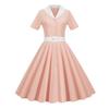 Dámské šaty, výstřih, klopa, jednořadý, s páskem, linie A, velký švih, úzký, vysoký pas, jednobarevné retro, krátký rukáv, princeznovské šaty ve stylu lady midi