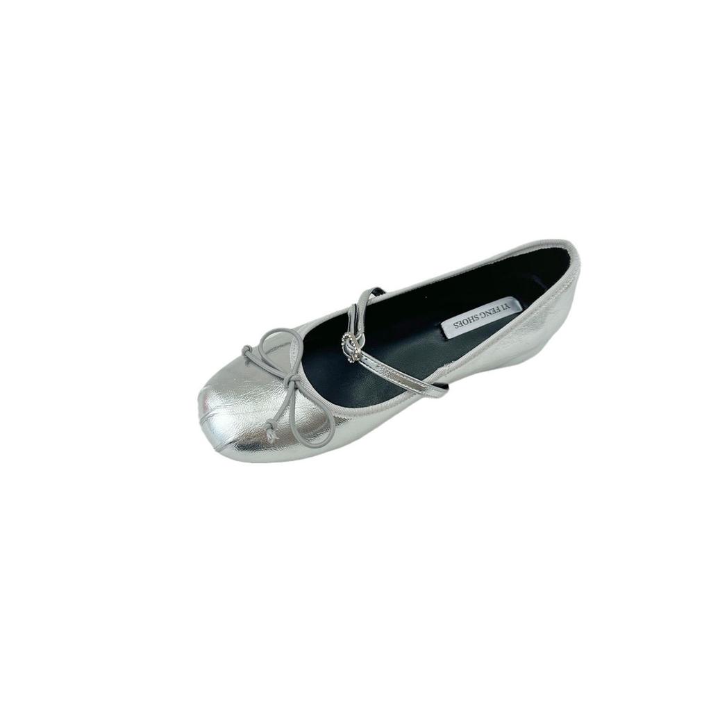 Silver ballet shoes increase height by 4 cm French one-word rhinestone belt Spring and summer 24 new square round head shallow mouth women's shoes