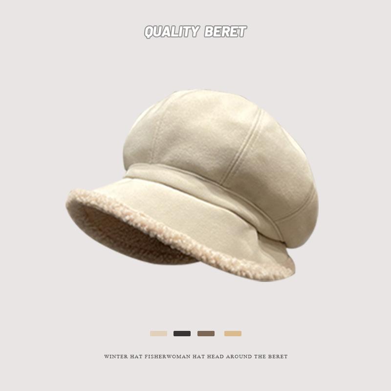 Beret Female Autumn and Winter Thickened Warm Plush Star Anise Painter Hat Versatile Big Head Circumference Show Face Small Bucket Hat