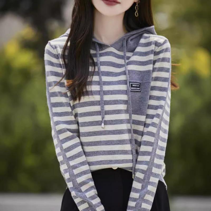 Striped Hooded Pullover Bottom Knitted Sweater Women's Jacket Sweater Loose Casual Fashion Reducing Top Hoodie Sweater