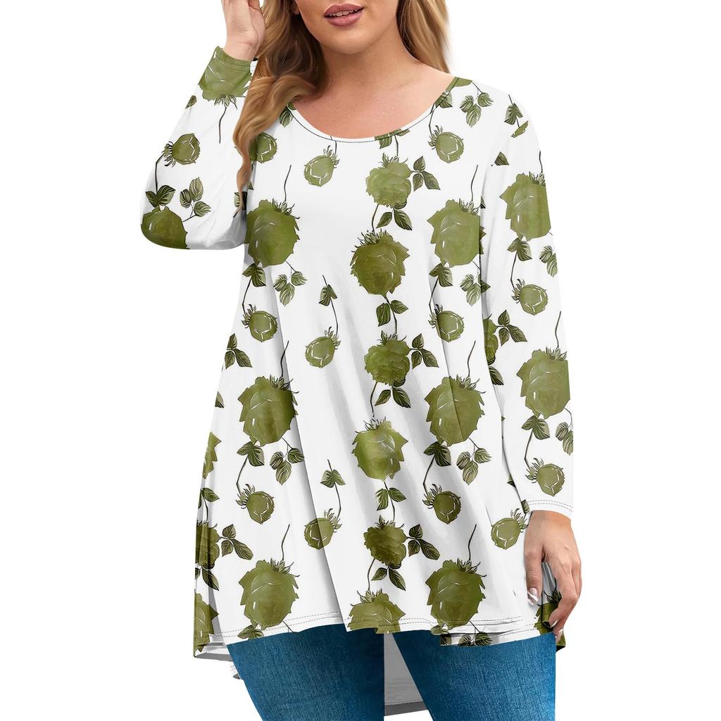 Dames pluss størrelse topp, hageskrage langermet skjorte, moteriktig blomsterprint avslappet topp