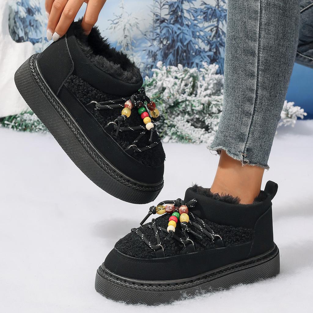 Fashion Bohemian Lace Up String Bead Snow Boots Women Soft Faux Fur Warm Ankle Boots Woman Plus Size Winter Short Snow Cross Lace Up