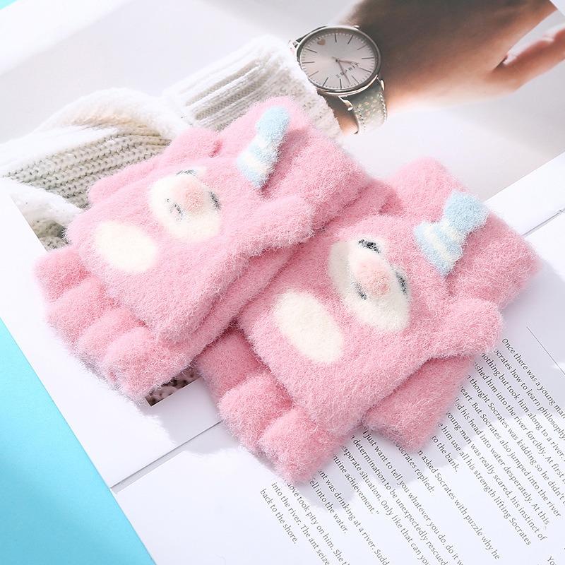 Nouveaux gants thermiques pour enfants raton laveur de dessin animé hiver protection contre le froid épaissis petite fille écriture demi-doigts rabattables cinq doigts