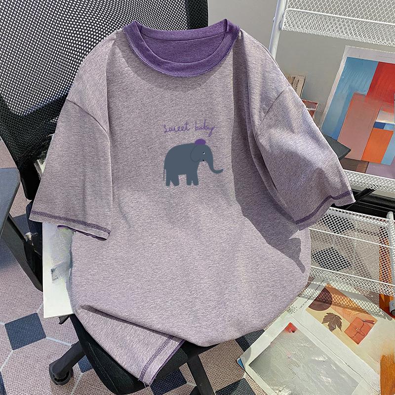A Large-sized, Color-blocking Design with A Niche, Upside-down Printed Short-sleeved T-shirt
