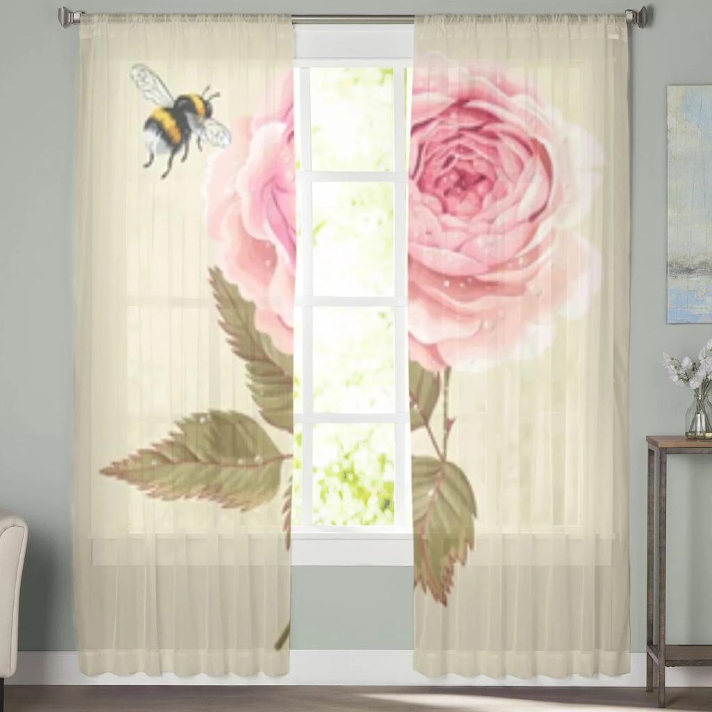 Rose mit Tautropfen, transparente Vorhänge für Wohnzimmer, Fenster, transparenter Voile-Tüll-Vorhang, Schlafzimmer-Vorhänge, Heimdekoration