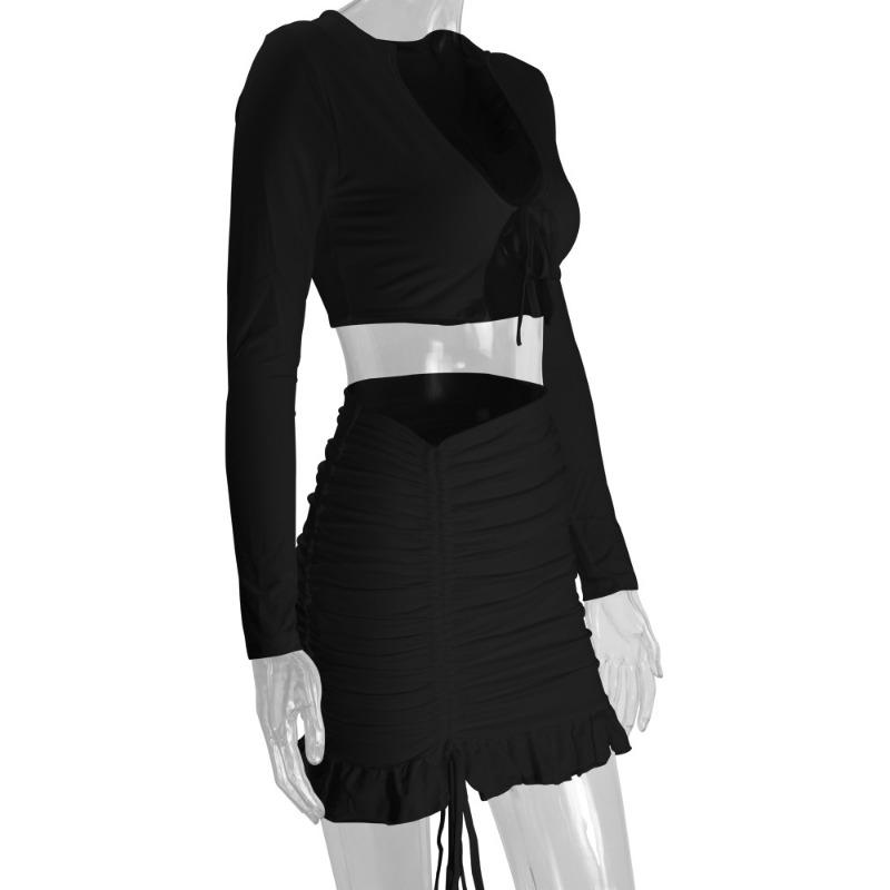 Autumn/winter Women's Sexy Flounce Lace Up Pleated Two-piece Skirt