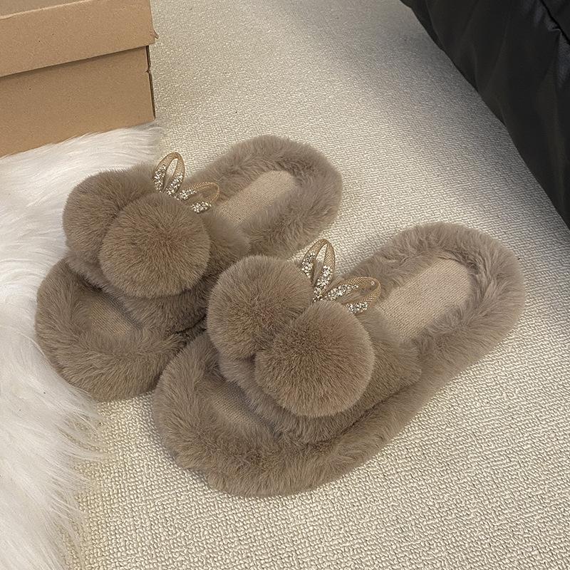 

Тапочки Мао Мао женские милые помпон бант для улицы 2025 осень и зима новинка интернет-знаменитость толстая подошва теплые хлопковые тапочки 40 хаки