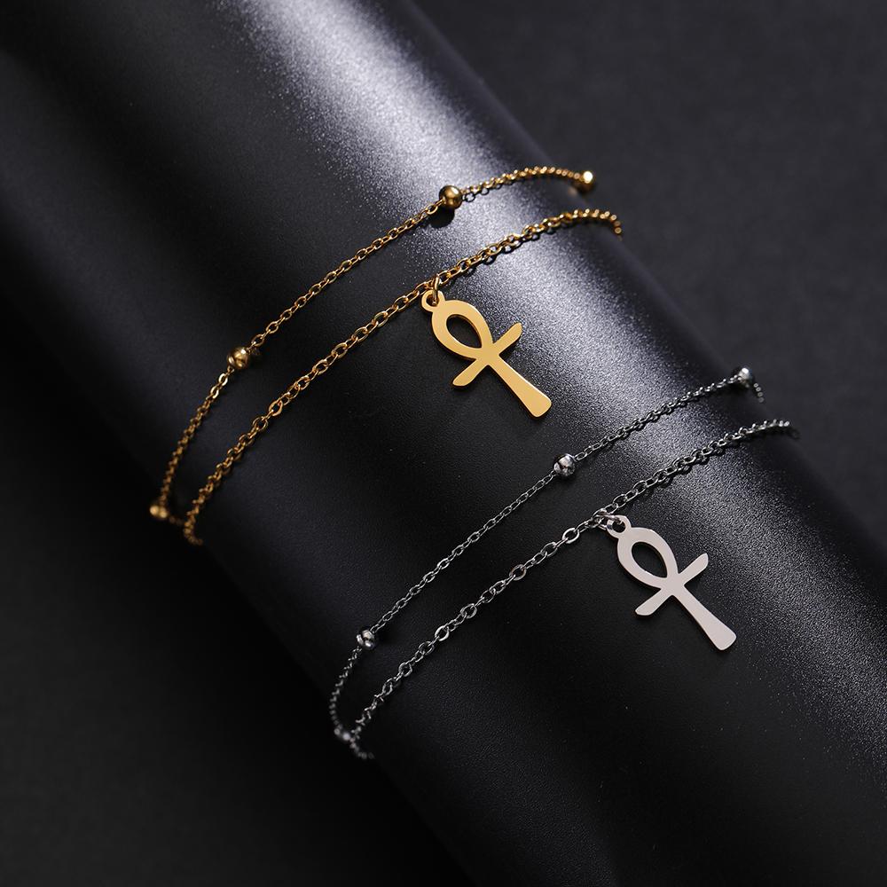 Dawapara Ankh Cross Ankle Bracelet Religious Egyptian Key of Life Cross Bracelet for Men Women Stainless Steel Jewelry
