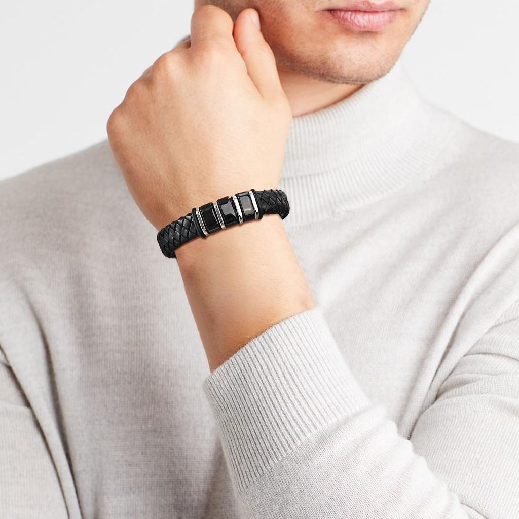 Vnox Free Personalized Family Names Stainless Steel Beads Bracelets Gift for Dad Grandpa, Mens Leather Wristband,Christmas Gift