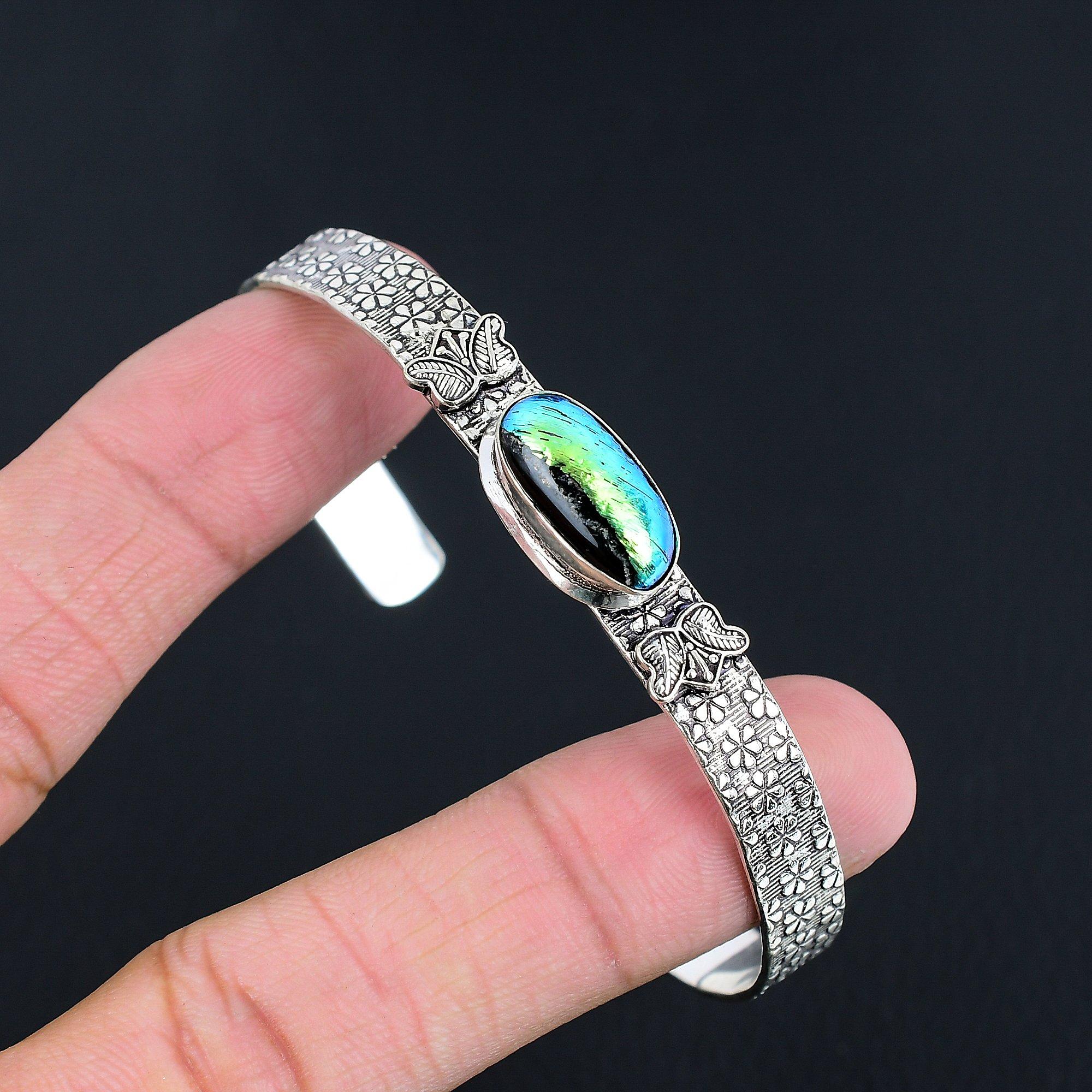 

925 Sterling Silver Oval Natural American Dichoric Glass Wife New Bangle Jewelry Adjustable