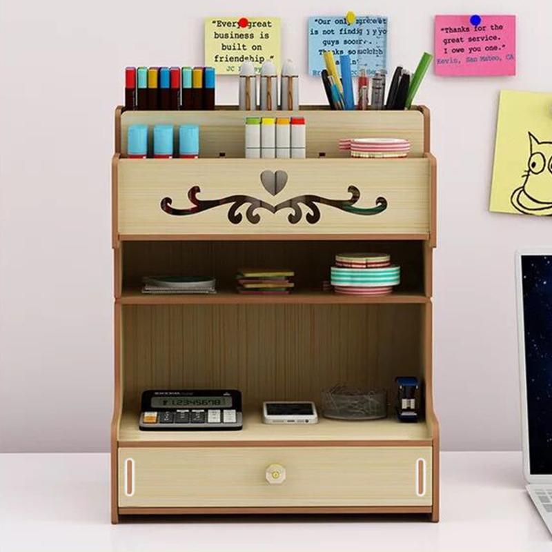 Wooden Desk Storage Shelf Multi-function Drawer Desk Organizer Office Desktop Display Shelf Pen Holder Stationery Storage Box