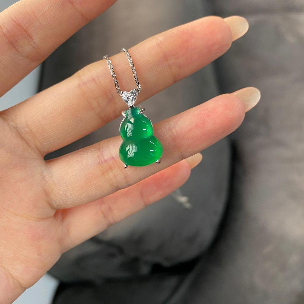 Colier cu Pandantiv Ghiocel din Argint Sterling S925, Agat Calcedonie Verde, Stil Chinezesc Nou