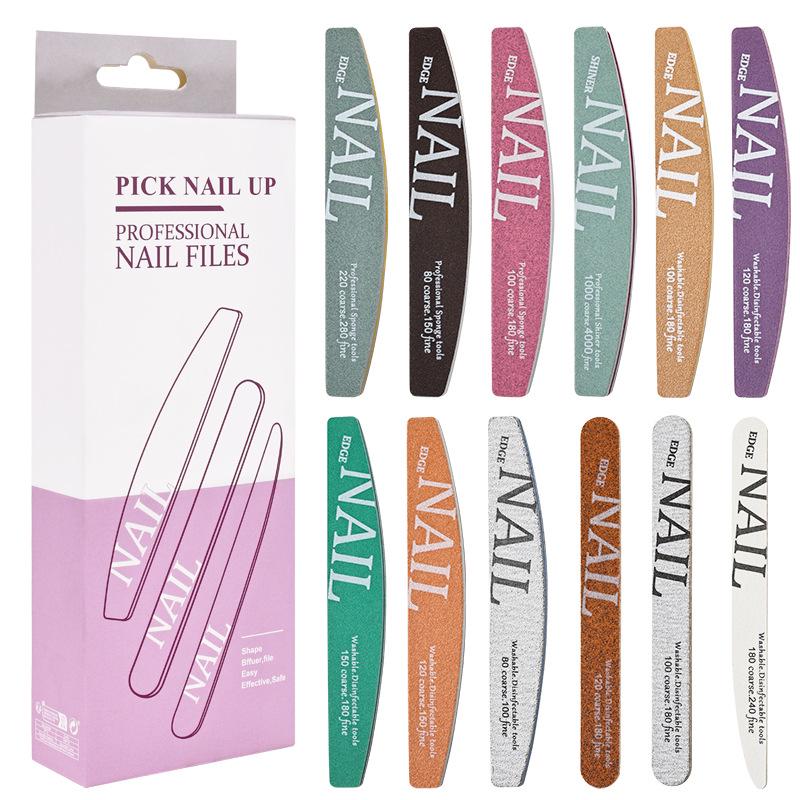 

12-Piece Nail Art Set: Sanding & Buffing Strips, Sponge Files, Shaping Removers, and Half-Moon Sanding Tools.