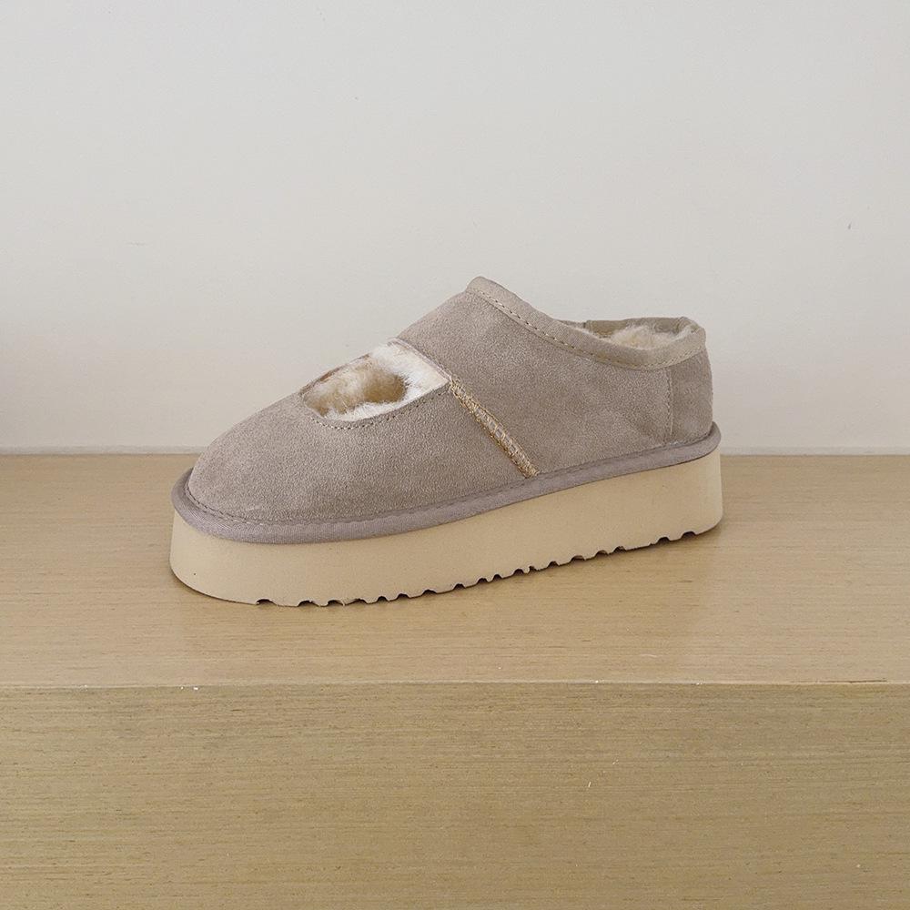 Cowhide Velvet-Lined Women's Winter Mary Janes with Thick Soles