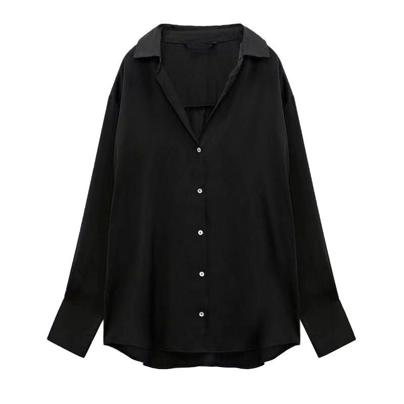 Spring New Style White Tops Lapel Loose Long Sleeves Classic Silk Satin Textured Shirt for Women 7969046