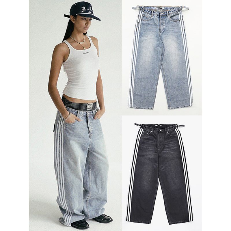 South Korea Badblood American Retro Denim Children's Sports Niche Style Washed and Worn Straight-leg Casual Pants Tide