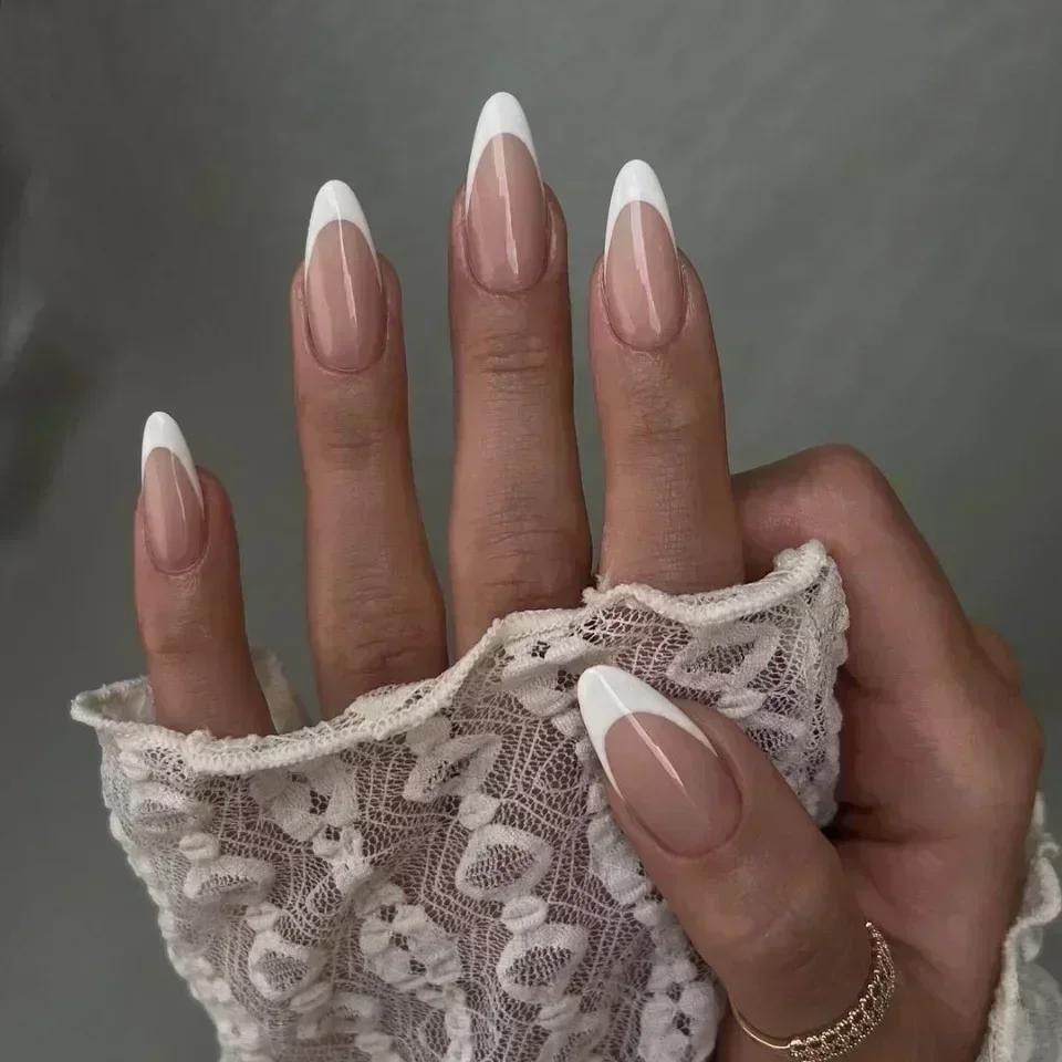 24Pcs French Almond False Nails Pink Stiletto Press On Nails With White Edge Design And Glue Simple Wearable Nail Tips