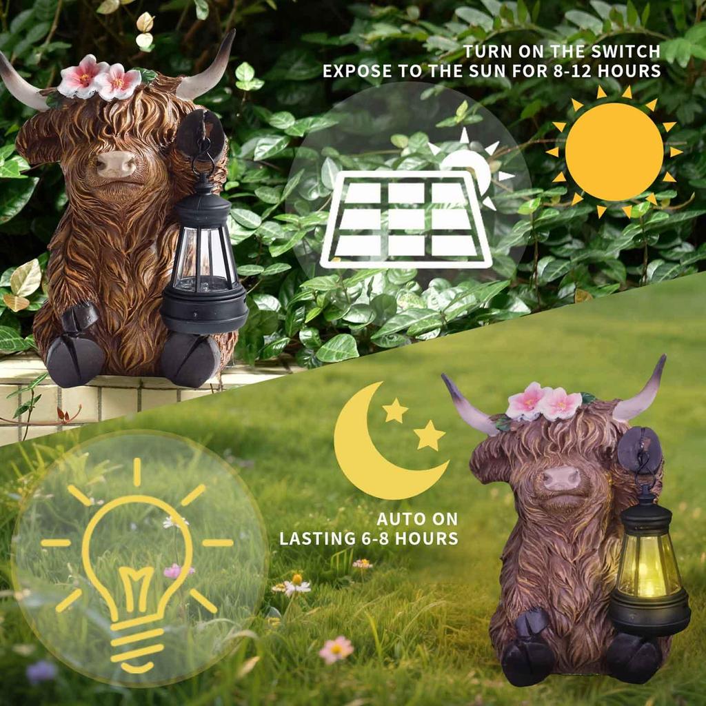 Highland Cow Garden Decor Realistic Highland Bull Animal Light Realistic Solar Powered Resin Statue For Bedroom Desk Apartment