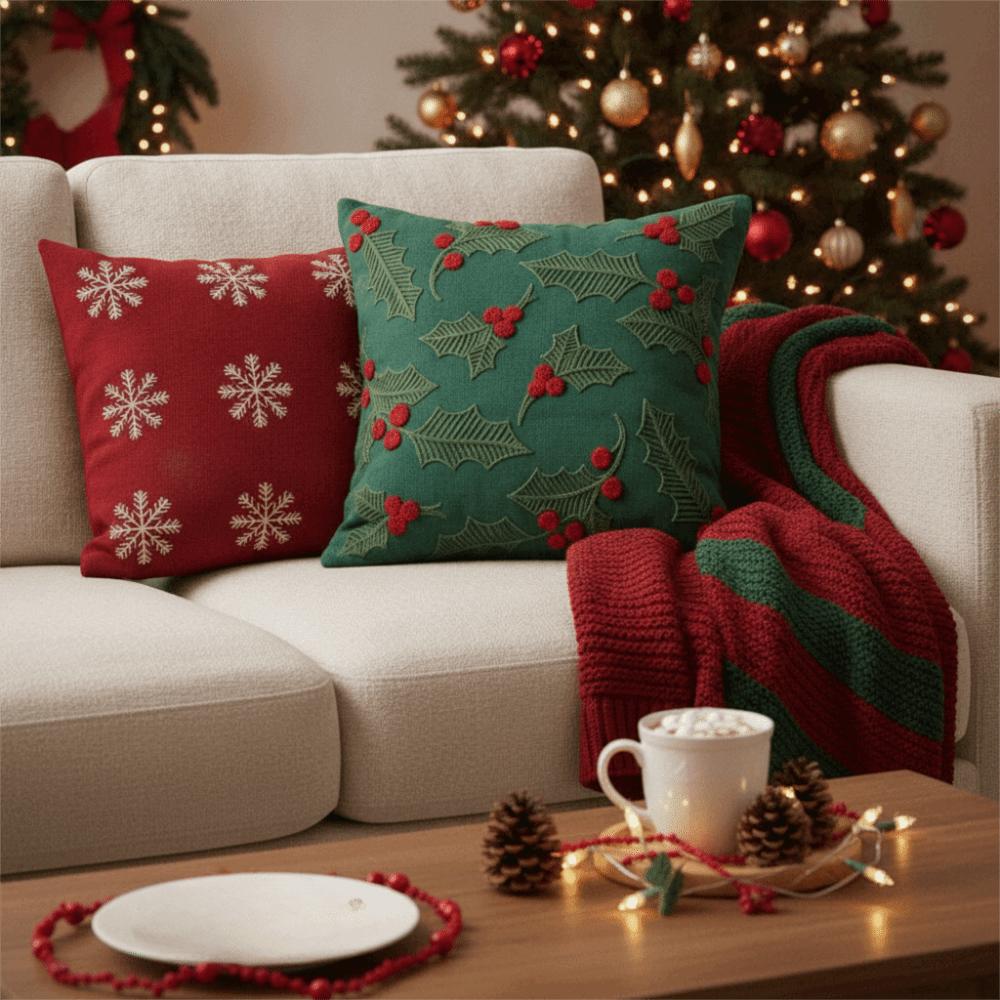 Washable Christmas Throw Pillow Cover 3D Embroidered Pattern Sofa Pillowcase Pillowslip Bedroom