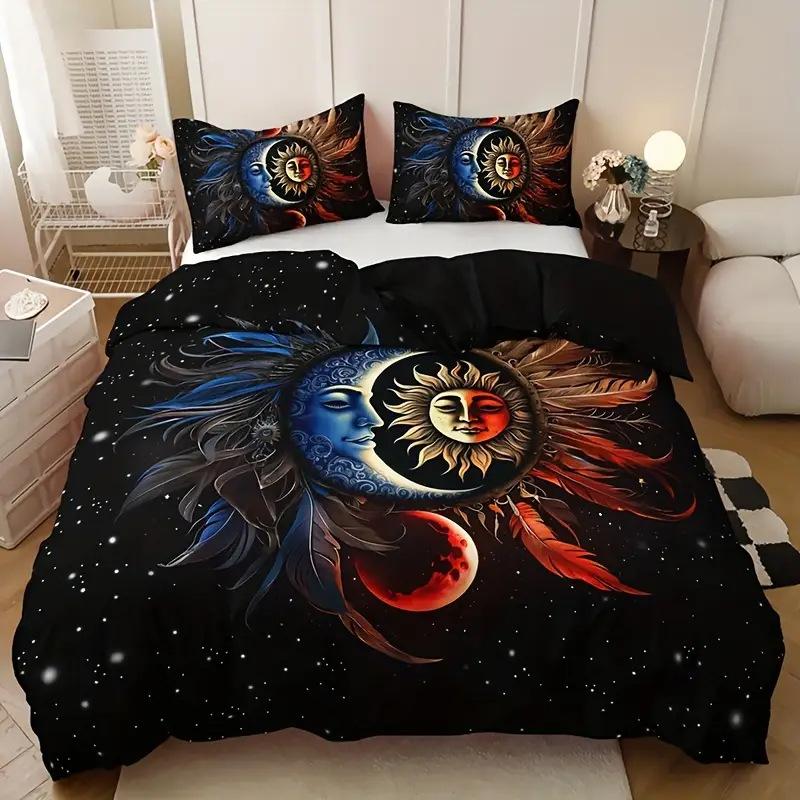 Boho Sun and Moon Duvet Cover Set Black White Floral Bedding Set Bohemian Exotic Comforter Covers Queen Bedroom Decor All Season
