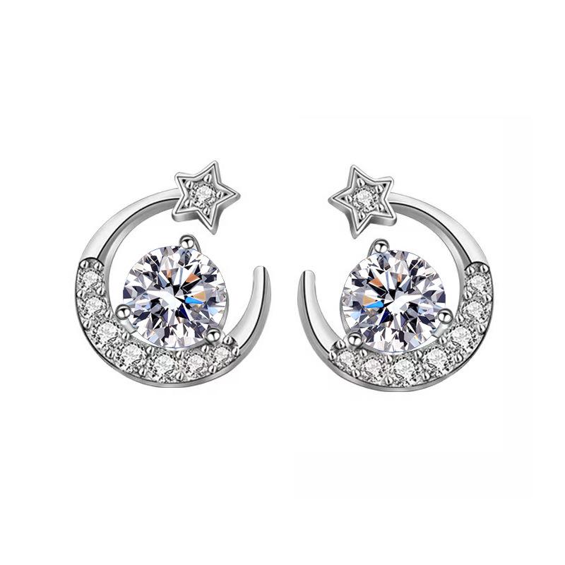 Exquisite S925 Sterling Silver Moissanite Star and Moon Stud Earrings for Pierced Ears