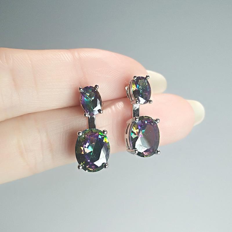 Rear Hanging Double Blue Stone Oval Diamond Suspension Earrings, Simple Colored Treasure Gift, Two Earrings.