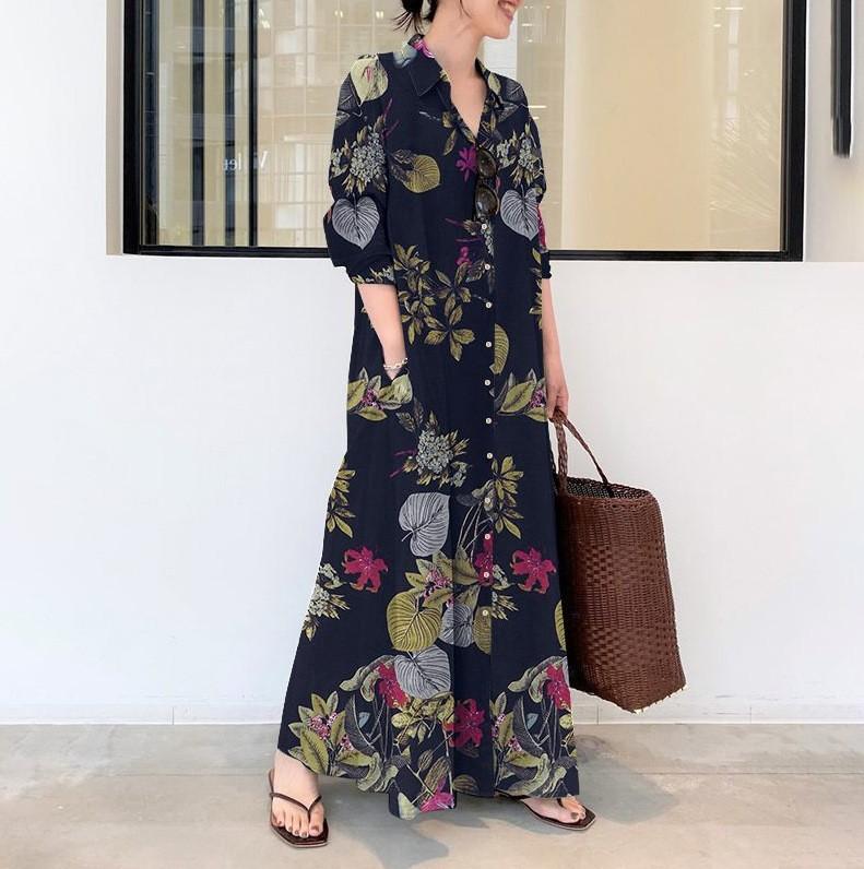 Shirt Dress Long Sleeve Print Lapel Simple Loose Casual Long Shirt Dress