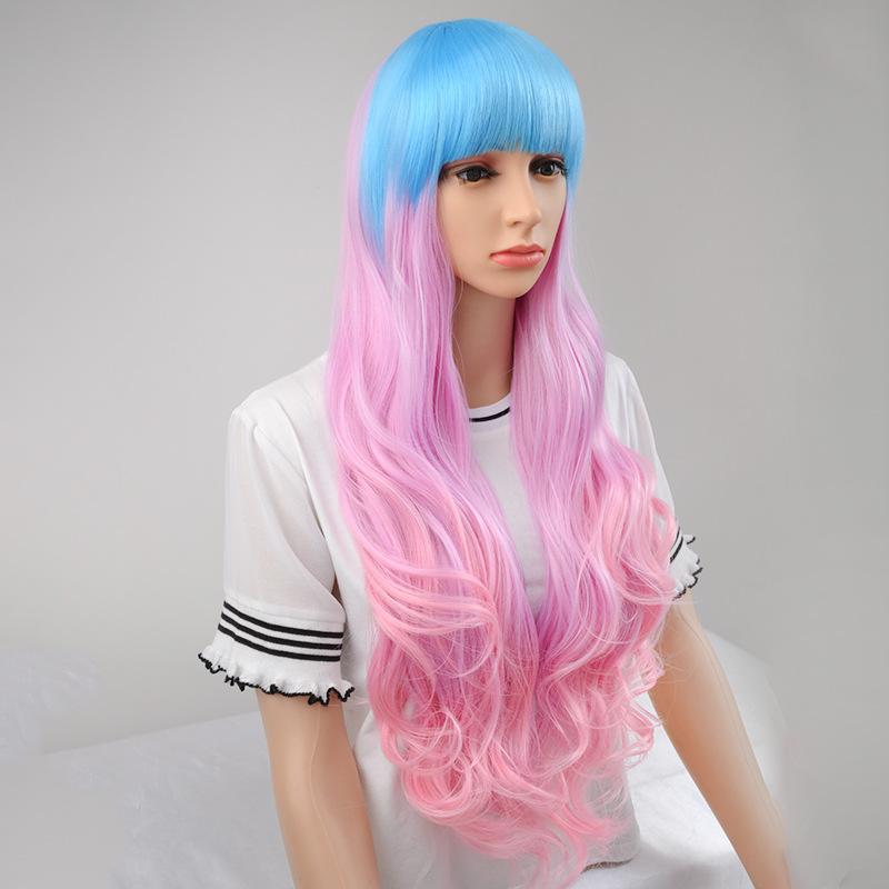 Qi Bangs Long Curly Hair Anime Wig Sky Blue Bangs Light Purple Gradual Change Powder