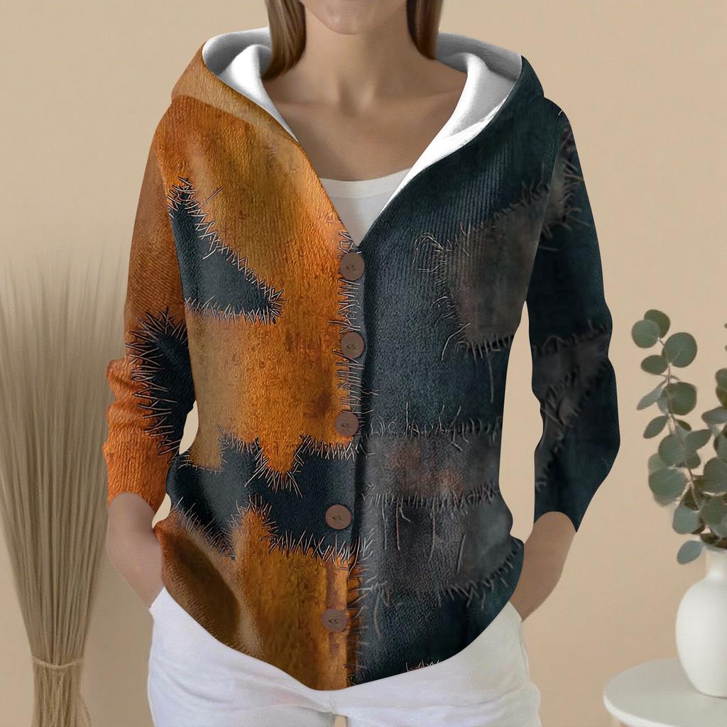 Women's Fashion Casual Sweater Button-Up Print Cardigan  Hooded Jacket