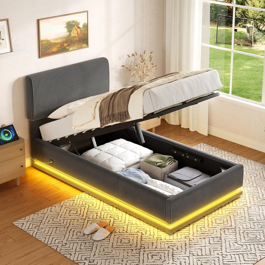 Modern Upholstered Beds with LED Lighting, USB-C Charging, Height-Adjustable Headboard, Corduroy, Slatted Frame, Under-Bed Storage.90*200 Gray