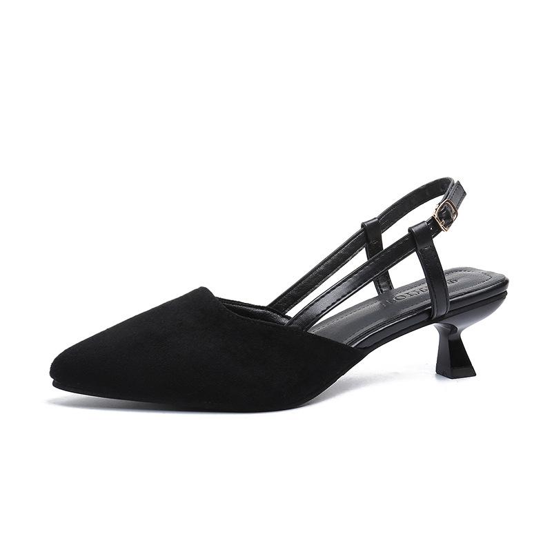 

French beautiful high heels 22 new summer printing design niche temperament pointed thin heel bag head sandals 35 чёрный