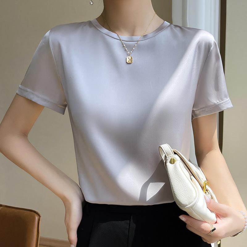Silk T-shirt for Women Spring and Summer Short Loose Round Neck Solid Colour Inner Temperament Short-sleeved T-shirt Tops