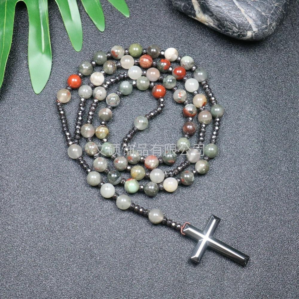Collier pendentif croix en pierre naturelle, Croix en pierre d'œil de tigre et fer à bille chapelet collier pour homme