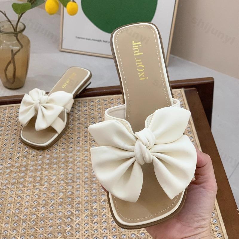 Fashion Summer Women Slippers 2025 New Square Toe Open Toe Bow Sandal Breathable Casual Solid Color Fashion Women Slippers Zapatos Mujer