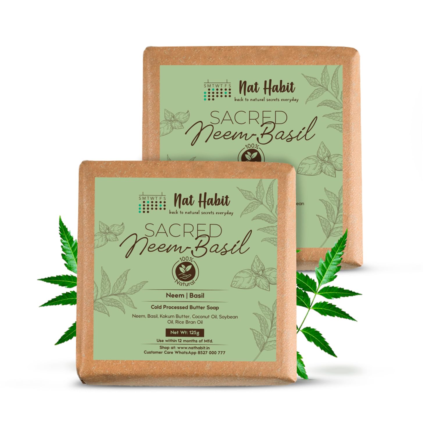 Nat Habit Neem Basil Butter Soap|Cold Processed Ayurvedic Soap with Neem Actives|Antibacterial, Herbal Soaps for Bath|Anti-Inflammatory Handmade Neem