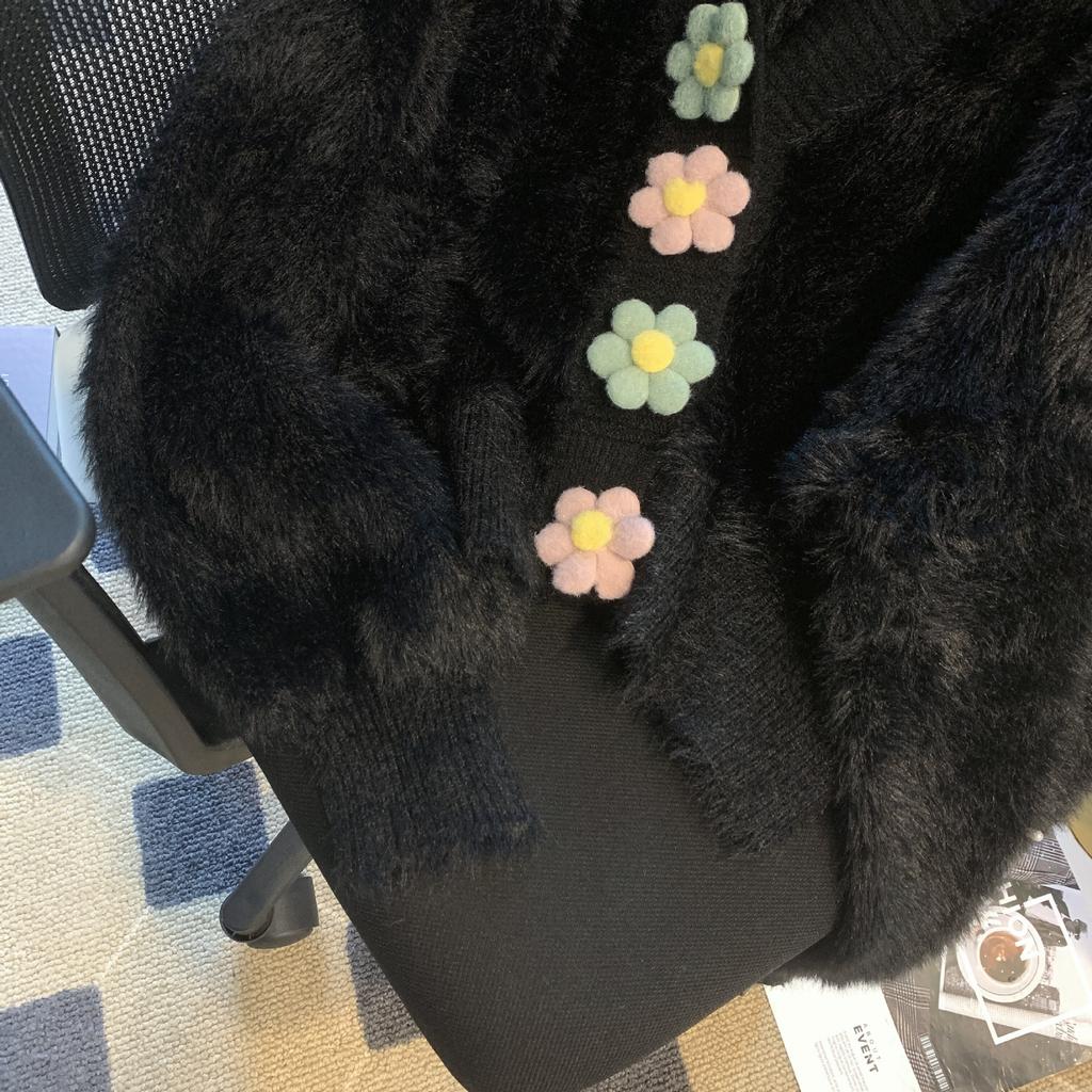 Jarní a podzimní pletený kardigan Imitace norkové fleecové mikiny Sladká barva bonbónu Květinový design Módní Malý invazivní temperament Dámský kabát