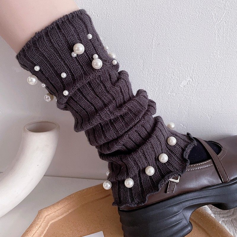 Women's Milk White Ruffled Wide-leg Leg Warmers Y2K Pearl Studded Socks JK Lolita Slouchy Long Leg Socks