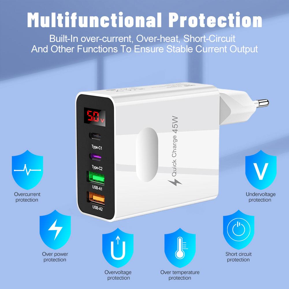 45W USB Charger Fast Charging USB Type C 4 Ports Quick Charger 3.0 Wall Charger For iPhone Samsung Mobile Phone Charger Adapter