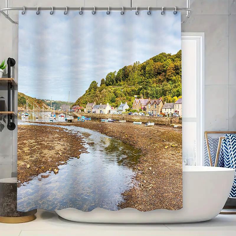 

Coastal Village Shower Curtain Seaside Beach Ocean View Bathroom Decor Nautical Home Decor Beach House Vibes Ocean Theme Waterpr W60H190(CM)-1 Pcs