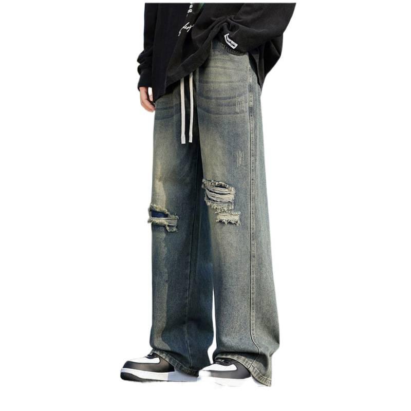 Spring and Autumn Ripped Waist Belt Straight Jeans Men's Trendy Brand Retro Old Loose American Casual Denim Pants