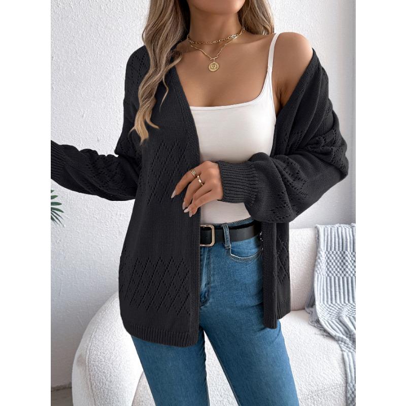 

Осень и Зима Повседневный Однотонный Ажурный Кардиган Свитер с Длинным Рукавом-Фонариком Пальто Средней Длины XL чёрный
