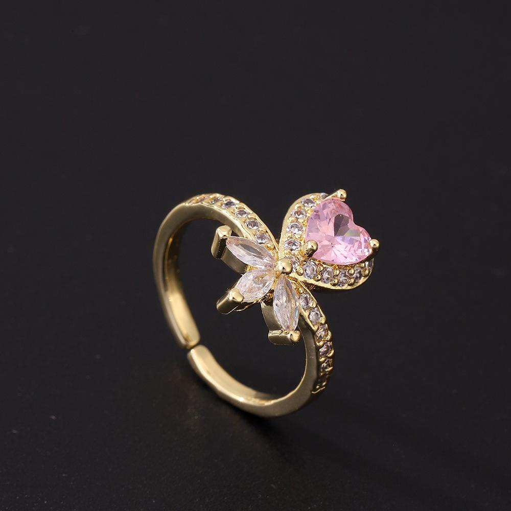 Sweet Bow Zircon Ring Vintage Light Luxury Fashion Pink Open Adjustable Women Jewelry Gift