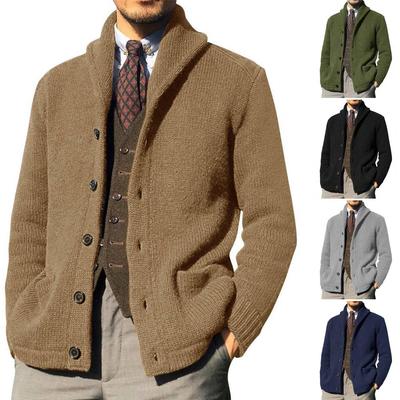 Men Knitted Coat Lapel Long Sleeve Pockets Thickened Cardigan Sweater Men Autumn Solid Buttons Placket Knitted Coat for Work