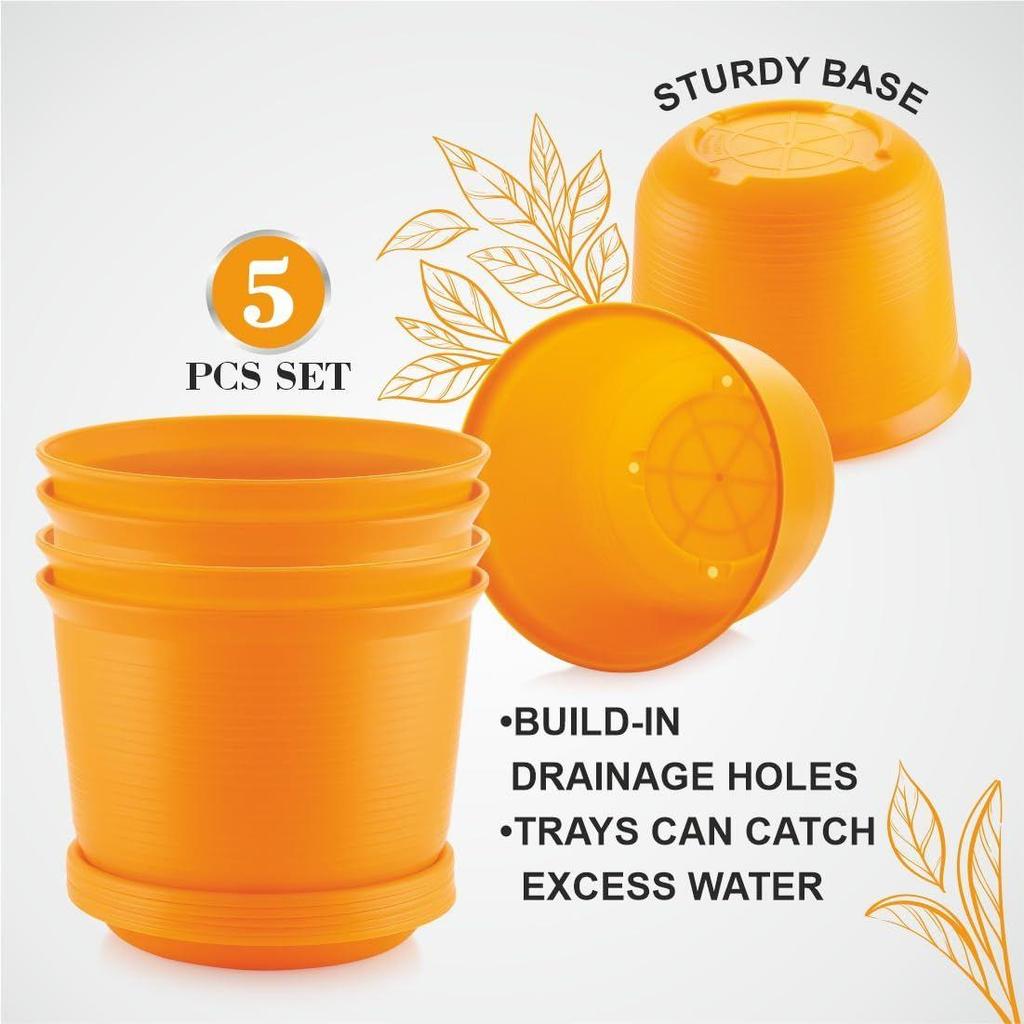 10 Inch Plastic Round Flower Pots with Tray for Home Planters, Terrace, Garden Etc | Pack of 05 | Orange | for Home Indoor & Outdoor Gardening Plants