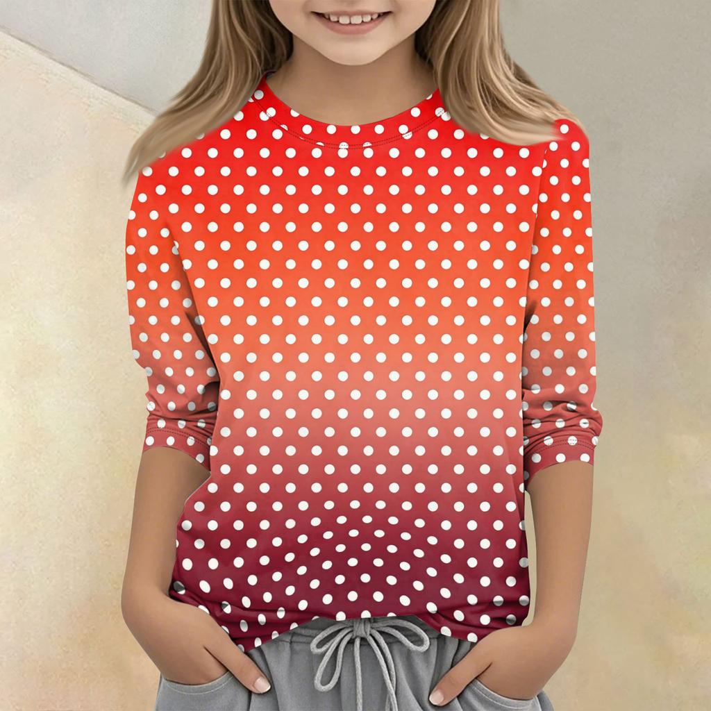 Kids Polka Dot Print Crew Neck Three Quarter Sleeve Casual T Shirt Comfortable Fit Soft Fabric Durable Stitching Suitable for Daily Wear