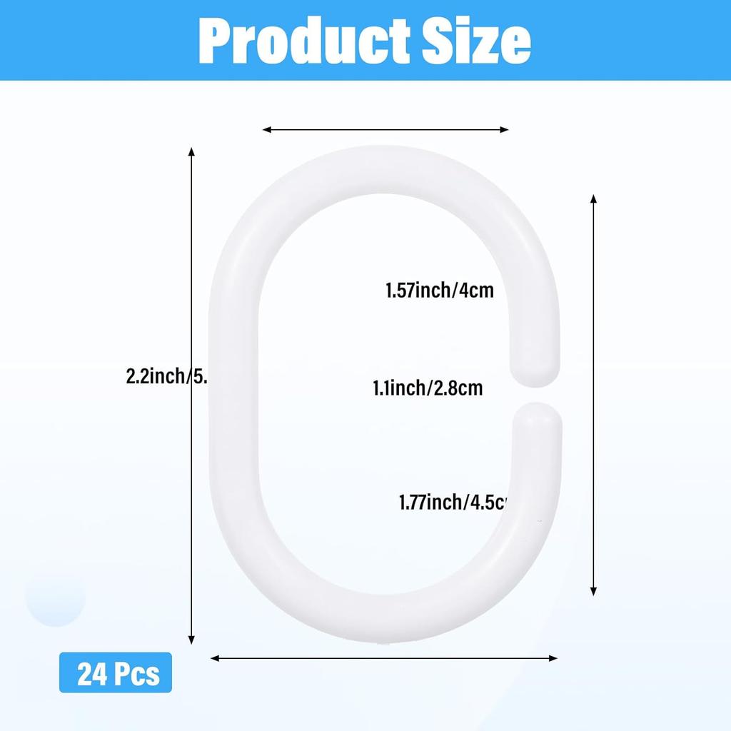 24 PCS White Plastic Shower Curtain Rings, C-Shaped Ring Hooks for Bathroom, Tub, and Window Rods Curta Hanger