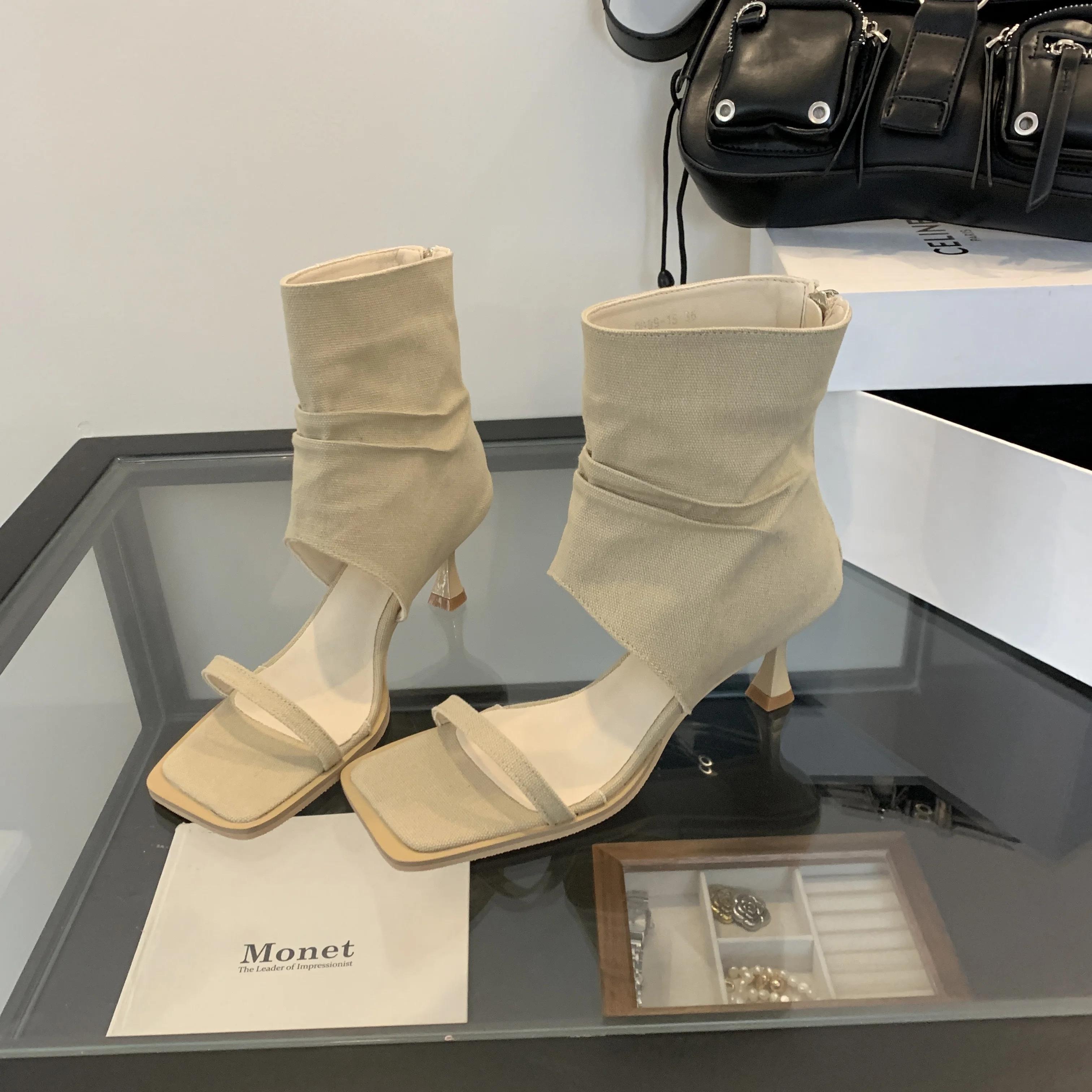 

Осенняя мода женские сапоги с квадратным носком, с открытым носком, джинсовые плиссированные ботильоны на высоком каблуке, босоножки на шпильке 38