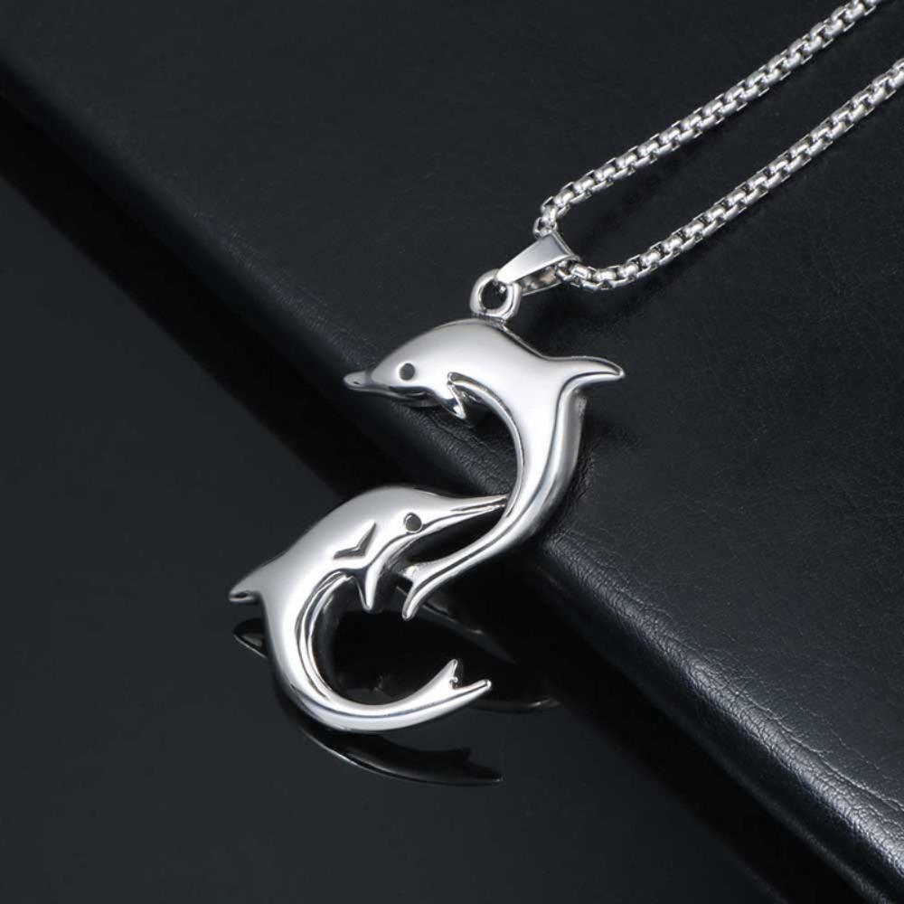 JMXD Minimalist Playful Dolphin Titanium Steel Necklace Pendant, Unisex Cute Animal Jewelry, Perfect Gift