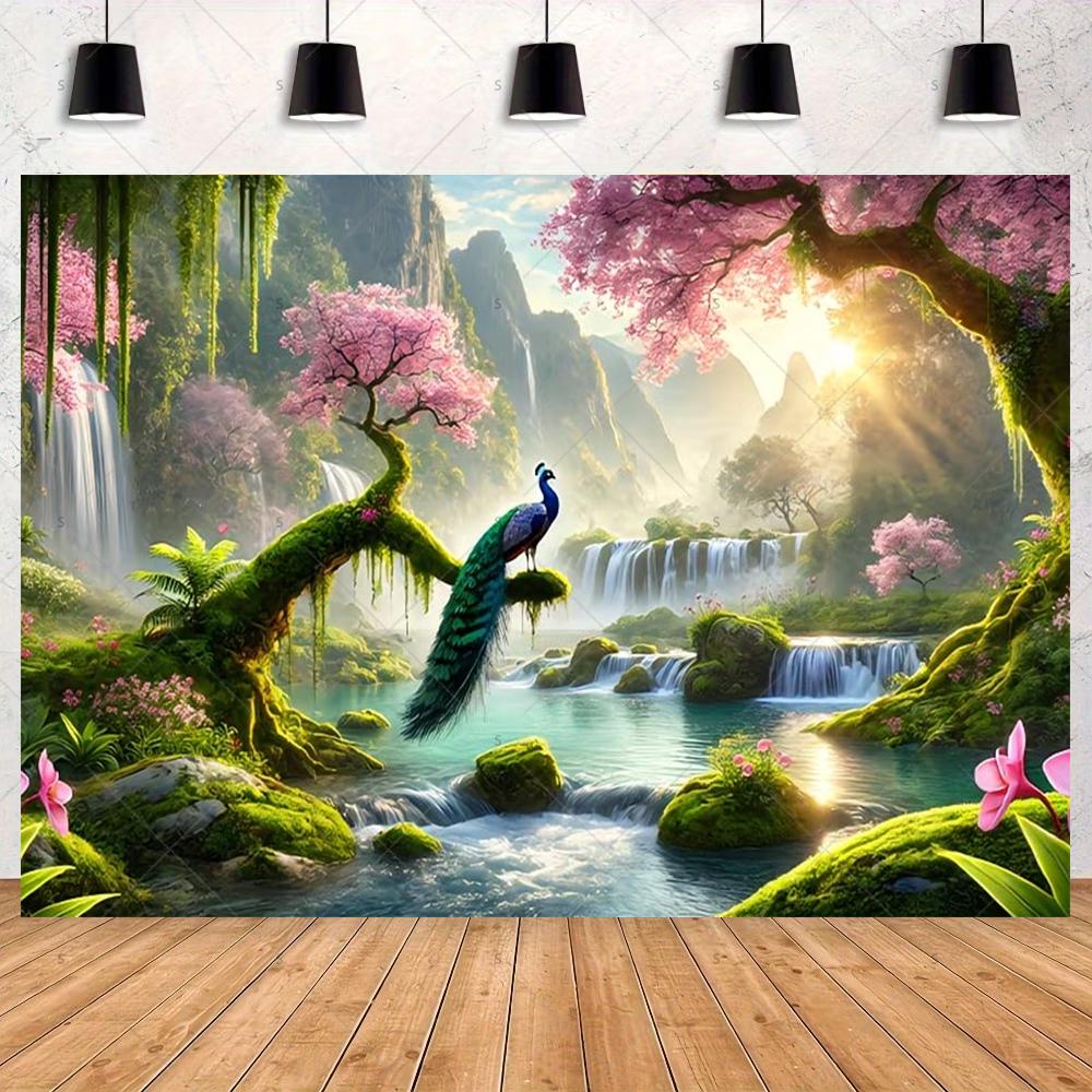 Peacock Theme Background Happy Birthday Flower Castle Waterfall Party Decor Backdrop Photography Studio Supplies Props Banner