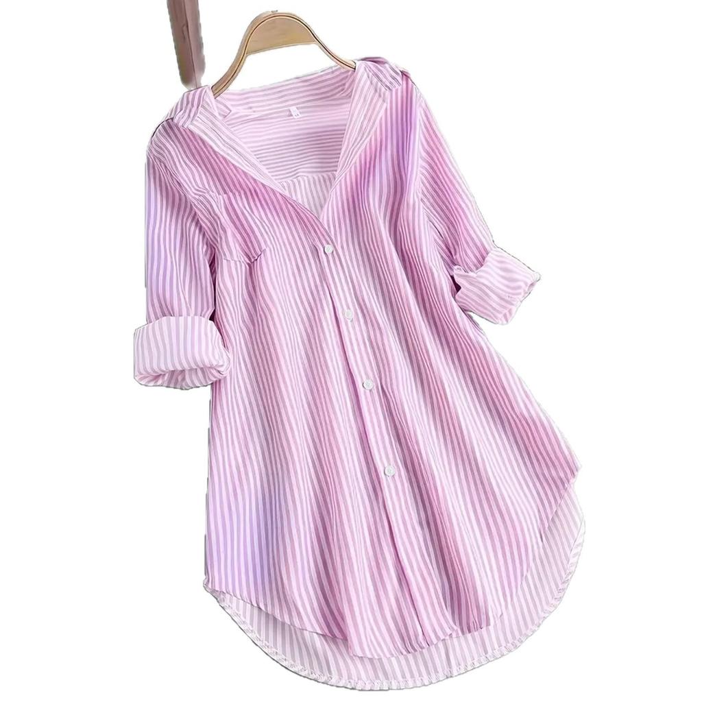 Women's New Style Striped Mid-Length Loose Shirt, Casual Fashion, Long-Sleeved